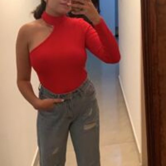 RED One Shoulder Skinny Bodysuit - Picture 3 of 12